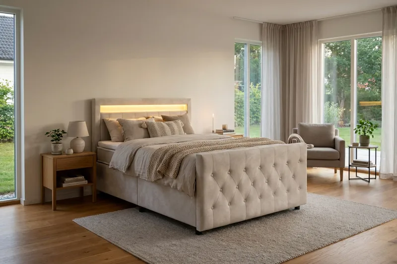 Franco Light komplet sengesæt med opbevaring LED-belysning 120x200 cm - Beige - Møbler - Senge - Komplet sengepakke