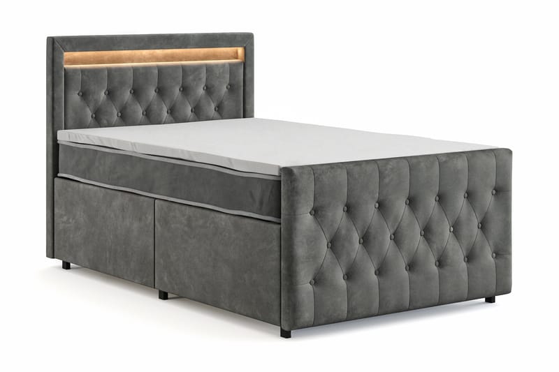 Franco Light komplet sengesæt med opbevaring LED-belysning 120x200 cm - Grå - Møbler - Senge - Komplet sengepakke