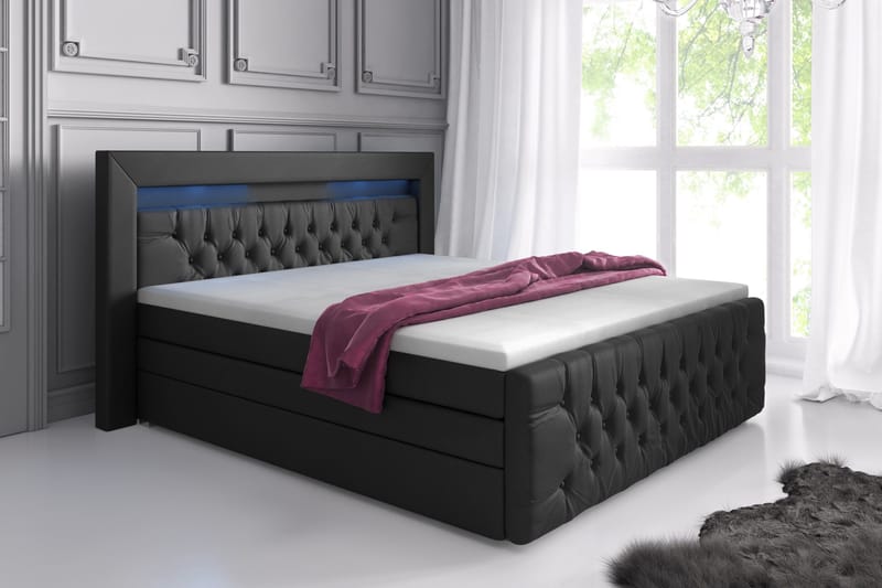 Franco Lyx Sengepakke 160x200LED-belysning - Sort/Kunstlæder - Komplet sengepakke - Seng med opbevaring - Dobbeltsenge