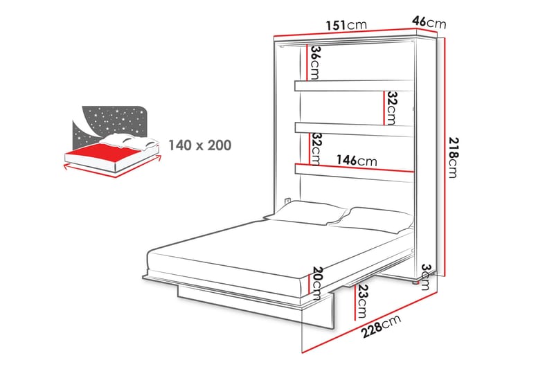 Rauk Sengeskab 151x228 cm - Hvid - Møbler - Senge - Gæsteseng & ekstraseng - Sengeskab