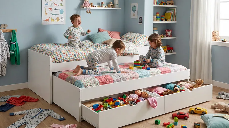 Granvik Sengeramme 90x200 cm udtrækbar med ekstra seng og opbevaring inklusive 2 madrasser - Hvid - Møbler - Senge - Sengeramme & sengestel