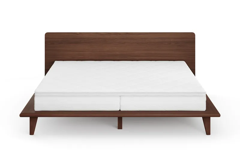 Gryning sengeramme med gavl 180x200 cm med pocket-springmadras og topmadras i polyetherskum, vendbar sommer- & vinterside, vaskbart betræk, Valnød