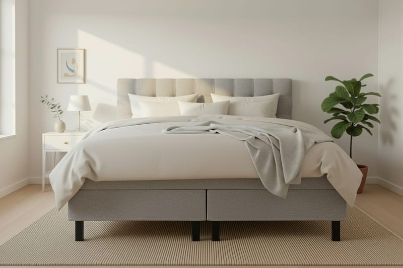 Hilton Komplet Sengepakke 160x200 cm Kontinentalseng med kvadratsyet sengegavl i teddy - Grå / Teddy - Møbler - Senge - Kontinentalsenge