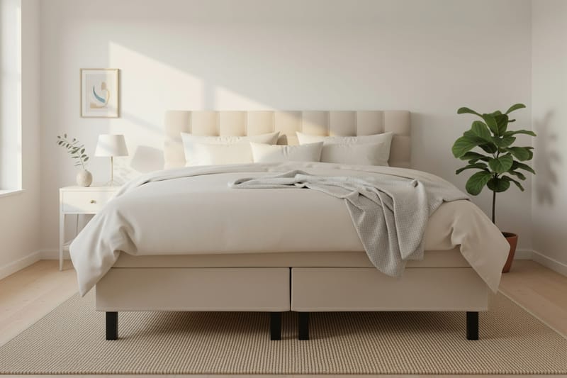 Hilton Komplet Sengpakke 160x200 cm Kontinentalseng med kvadreret sengegavl - Beige - Møbler - Senge - Kontinentalsenge