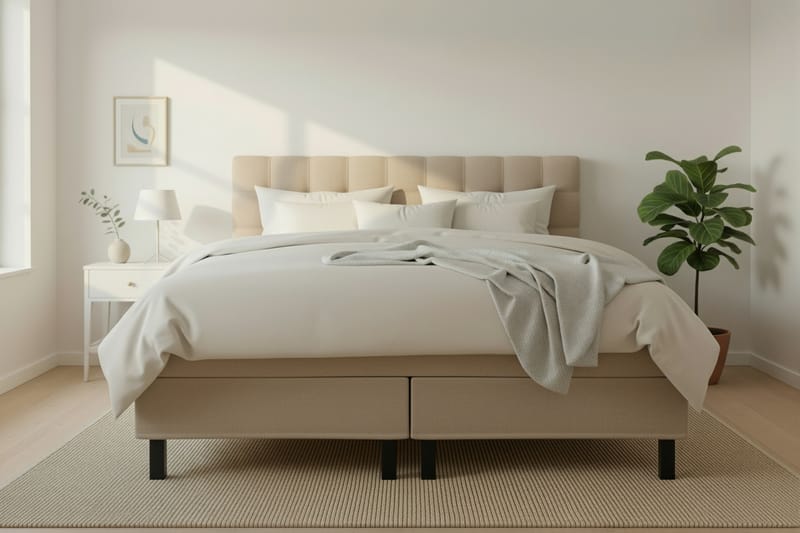 Hilton Komplet Sengpakke 160x200 cm Kontinentalseng med kvadreret sengegavl - Beige - Møbler - Senge - Komplet sengepakke
