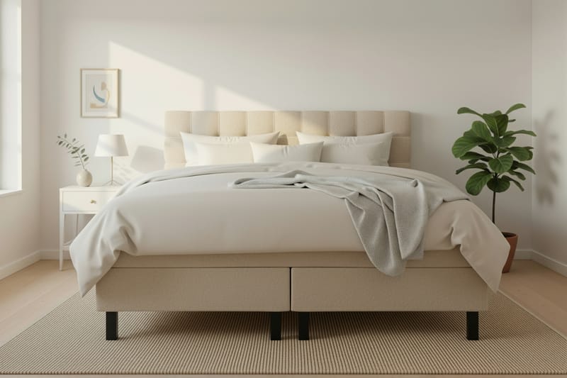 Hilton Komplet Sengpakke 160x200 cm Kontinentalseng med kvadreret sengegavl i teddy - Beige - Møbler - Senge - Komplet sengepakke