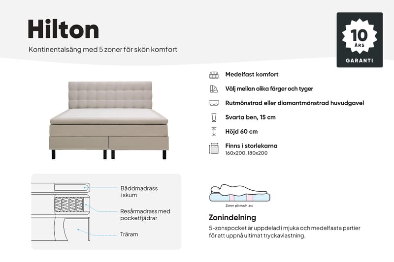 Hilton Komplet Sengpakke 180x200 cm Kontinentalseng med diamant sengegavl - Beige - Møbler - Senge - Kontinentalsenge