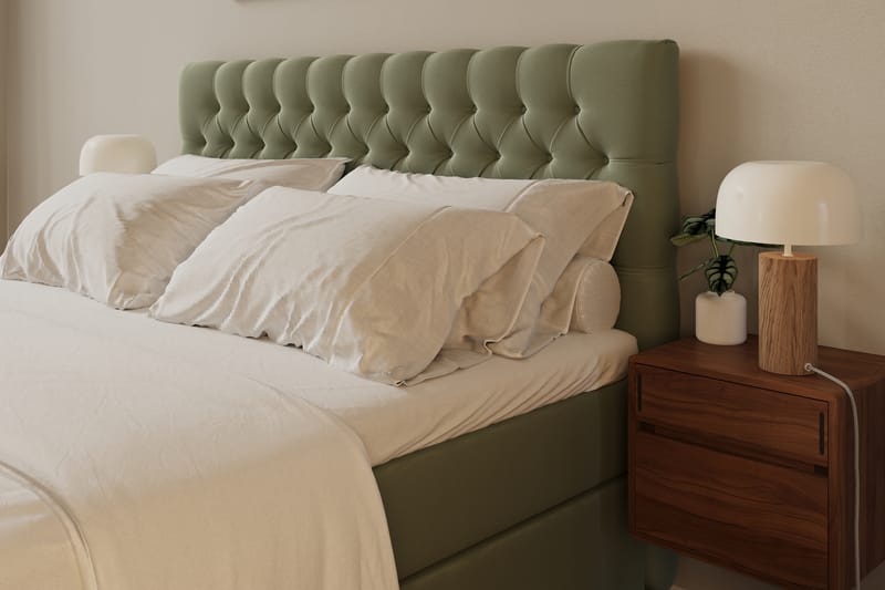 Hilton luksus Komplet Sengepakke 160x200 cm Kontinentalseng med knapstukket sengegavl i fløjl - Olivengrøn / Fløjl - Møbler - Senge - Kontinentalsenge