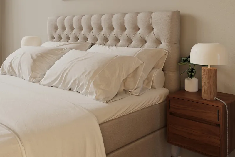 Hilton Lyx Komplet Sengepakke 160x200 cm Kontinentalseng med knapdekoreret sengegavl - Beige - Møbler - Senge - Kontinentalsenge