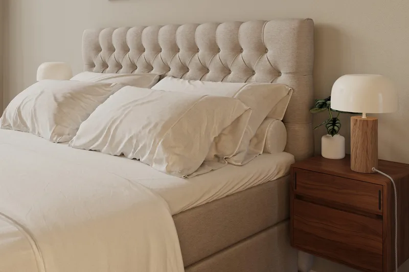 Hilton Lyx Komplet Sengepakke 160x200 cm Kontinentalseng med knapdekoreret sengegavl - Lys beige - Møbler - Senge - Kontinentalsenge