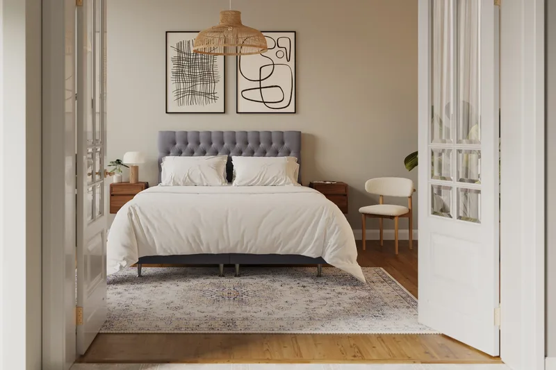 Hilton Lyx Komplet Sengepakke 160x200 cm Kontinentalseng med knapstukket sengegavl i fløjl - Grå / Fløjl - Møbler - Senge - Kontinentalsenge