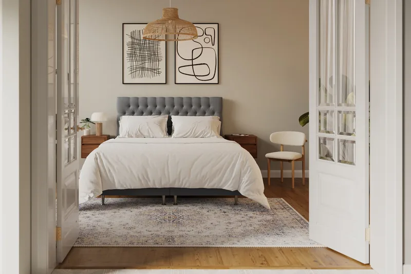 Hilton Lyx Komplet Sengepakke 160x200 cm Kontinentalseng med knapstukket sengegavl i fløjl - Lysegrå / Fløjl - Møbler - Senge - Kontinentalsenge