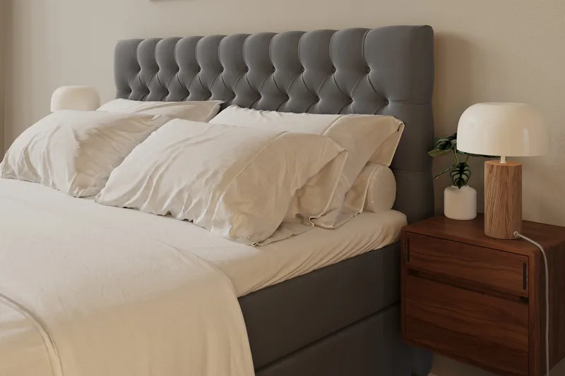 Hilton Lyx Komplet Sengepakke 160x200 cm Kontinentalseng med knapstukket sengegavl i fløjl - Lysegrå / Fløjl - Møbler - Senge - Kontinentalsenge