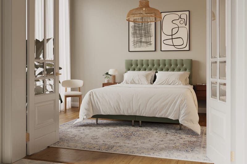 Hilton Lyx Komplet Sengepakke 160x200 cm Kontinentalseng med knapstukket sengegavl i fløjl - Olivengrøn / Fløjl - Møbler - Senge - Kontinentalsenge