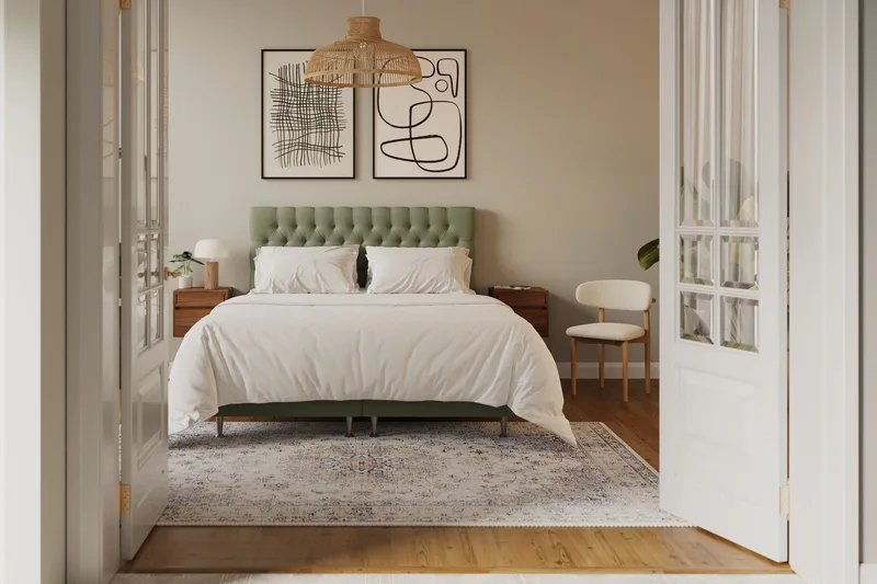 Hilton Lyx Komplet Sengepakke 160x200 cm Kontinentalseng med knapstukket sengegavl i fløjl - Olivengrøn / Fløjl - Møbler - Senge - Kontinentalsenge