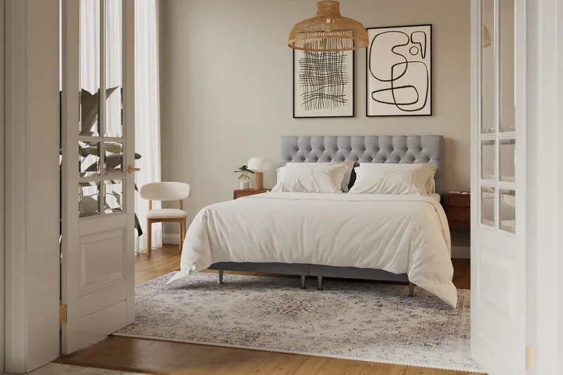 Hilton Lyx Komplet Sengepakke 180x200 cm Kontinentalseng med knapdekoreret sengegavl - Grå - Møbler - Senge - Kontinentalsenge