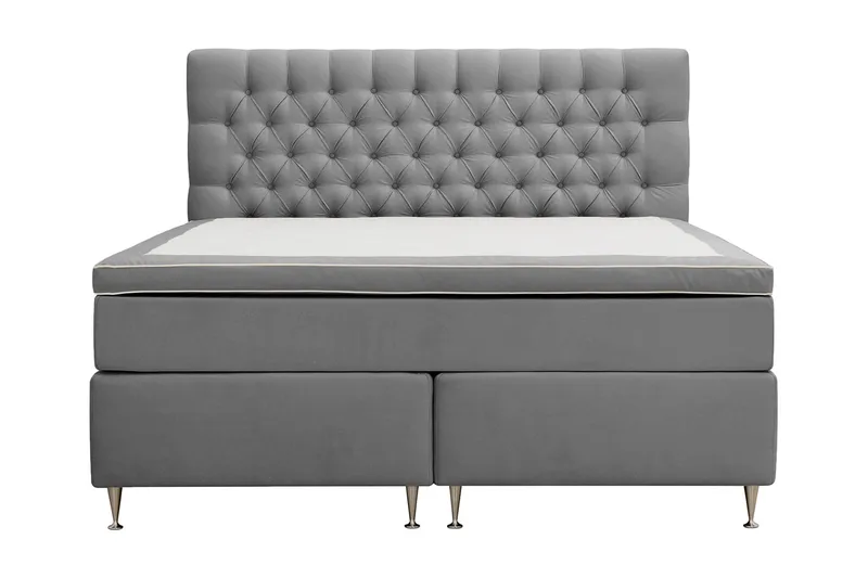 Hilton Lyx Komplet Sengepakke 180x200 cm Kontinentalseng med knapdekoreret sengegavl i fløjl - Lysegrå - Møbler - Senge - Kontinentalsenge