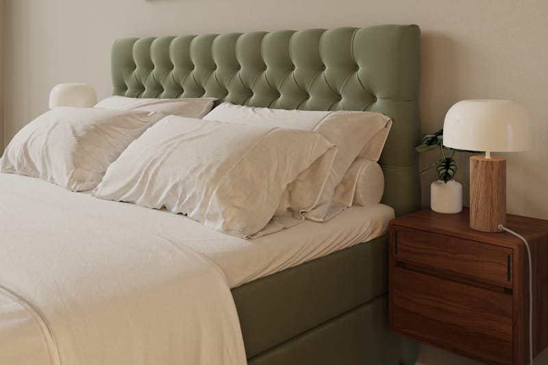 Hilton Lyx Komplet Sengepakke 180x200 cm Kontinentalseng med knapdekoreret sengegavl i fløjl - Olivengrøn - Møbler - Senge - Kontinentalsenge