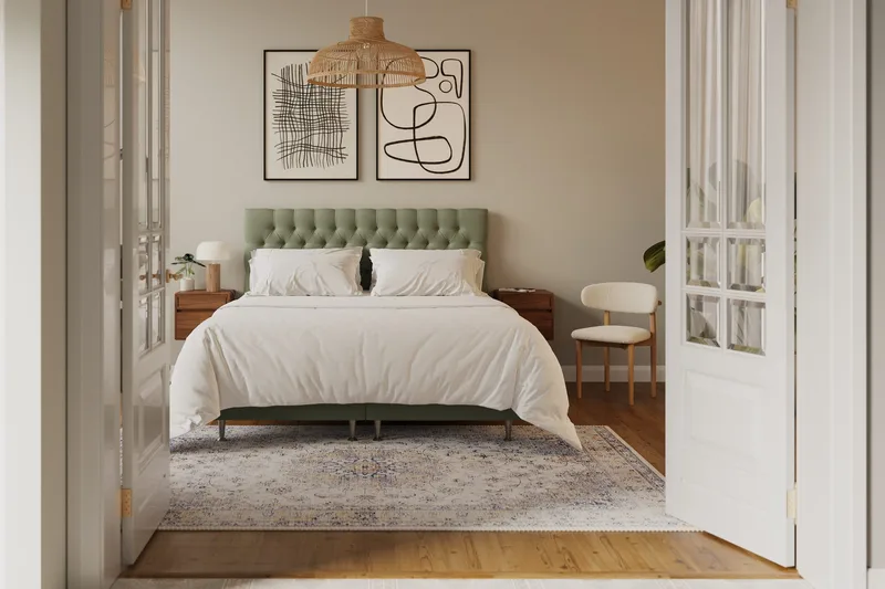 Hilton Lyx Komplet Sengepakke 180x200 cm Kontinentalseng med knapdekoreret sengegavl i fløjl - Olivengrøn - Møbler - Senge - Kontinentalsenge