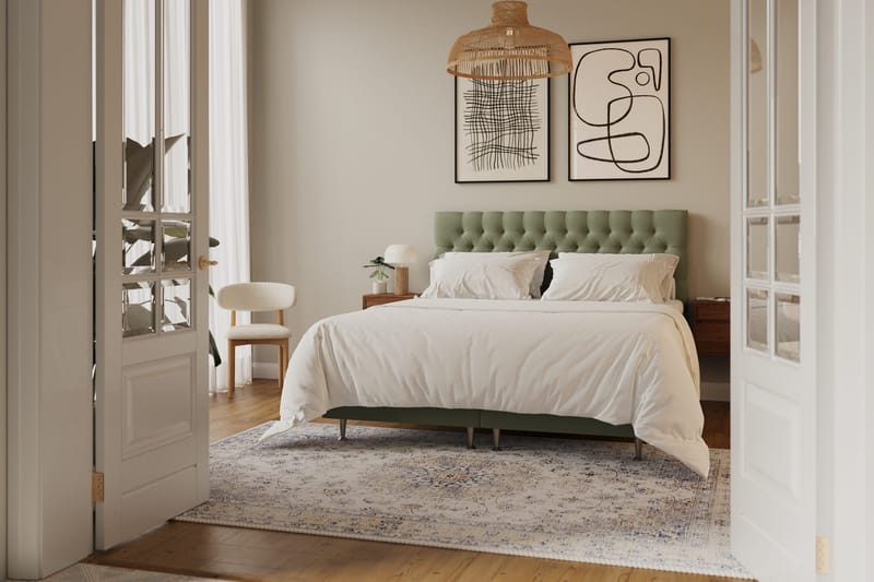Hilton Lyx Komplet Sengepakke 180x200 cm Kontinentalseng med knapdekoreret sengegavl i fløjl - Olivengrøn - Møbler - Senge - Kontinentalsenge