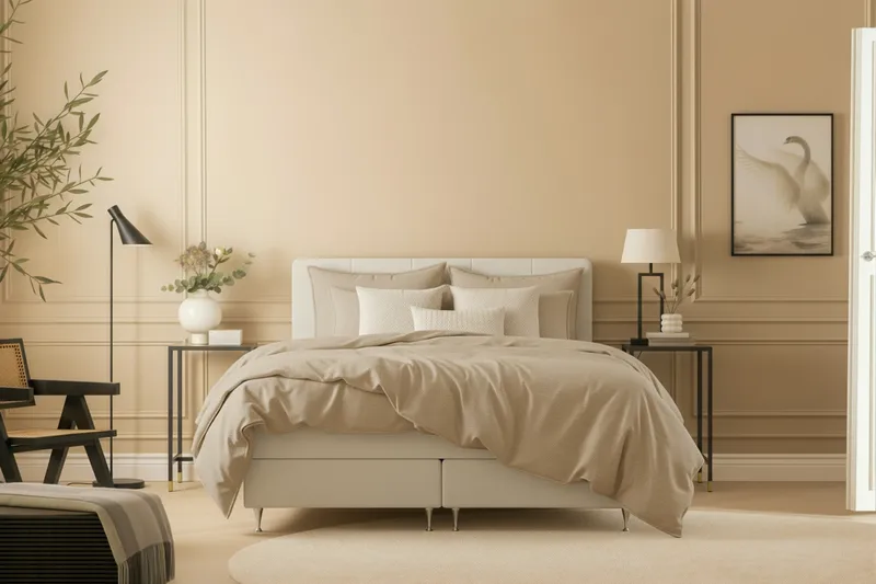 Hilton Premium Komplet Sengepakke 160x200 cm Kontinentalseng med Sengegavl - Beige Stof - Møbler - Senge - Kontinentalsenge