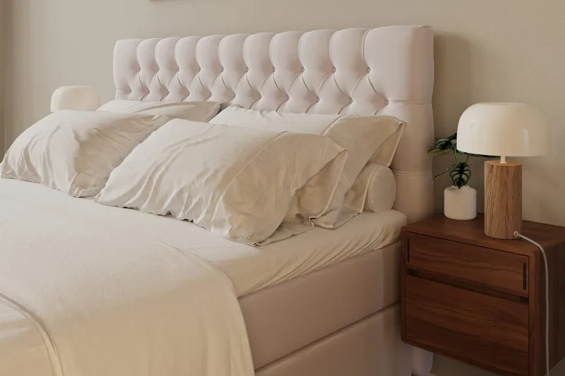 HVILA Lyx komplet sengesæt 160x200 cm kontinentalseng med knappolstret sengegavl i velour - Beige / Fløjl - Møbler - Senge - Komplet sengepakke