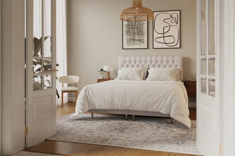 HVILA Lyx komplet sengesæt 160x200 cm kontinentalseng med knappolstret sengegavl i velour - Beige / Fløjl - Møbler - Senge - Komplet sengepakke