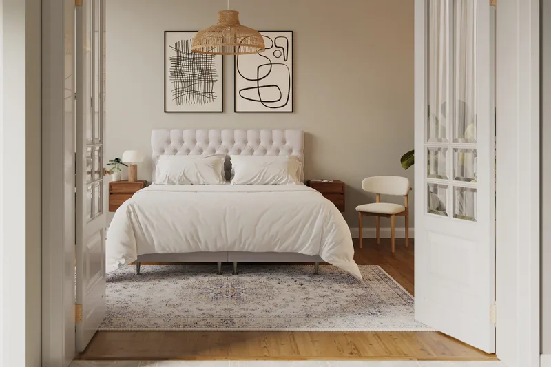 HVILA Lyx komplet sengesæt 180x200 cm kontinentalseng med knappolstret sengegavl i velour - Beige - Møbler - Senge - Kontinentalsenge