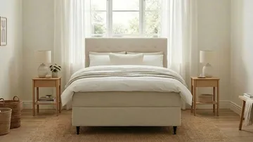 HVILA Plus Komplet Sengepakke – Kontinentalseng 140x200 cm i Stof med Opbevaring, Sengegavl + Overmadras med Fasthedsgrad Mediumfast - Lysebeige - Møbler - Senge - Komplet sengepakke