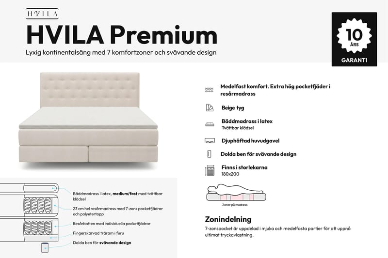 HVILA Premium sengepakke kontinentalseng 180x200 cm med svævende effekt inkl. topmadras i latex med vaskbart betræk - Medium/Fast - Møbler - Senge - Komplet sengepakke