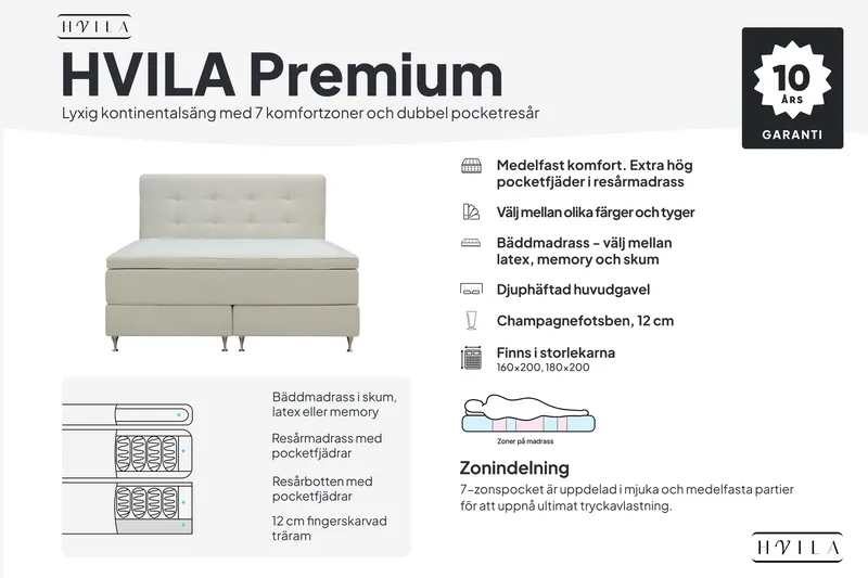 HVILA Premium Kontinentalseng 180x200 cm - Lysebeige stof - Møbler - Senge - Kontinentalsenge