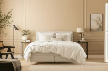 HVILA Premium kontinentalseng 160x200 cm - Lysebeige bouclé - Møbler - Senge - Kontinentalsenge