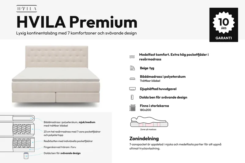 HVILA Premium sengepakke kontinentalseng 180x200 cm med svævende effekt inkl. topmadras i polyeterskum blød/medium med vaskbart betræk - Blød/Medium - Møbler - Senge - Komplet sengepakke