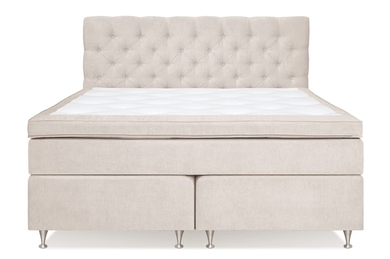 Joluma Komplet Sengepakke – Kontinentalseng 180x200 cm i Stof med Sengegavl + Overmadras med Fasthedsgrad Fast, Lys Beige