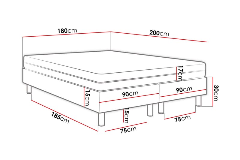 Adeliza Kontinentalseng 180x200 cm+Panel 30 cm - Hvid - Møbler - Senge - Komplet sengepakke