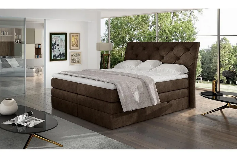 Bellamir Sengepakke 180x200 cm i Stof med Opbevaring og Sengegavl + Topmadras, Brun