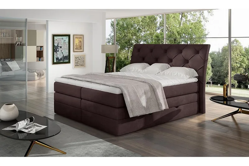Bellamir Sengepakke 180x200 cm i Stof med Opbevaring og Sengegavl + Topmadras, Brun
