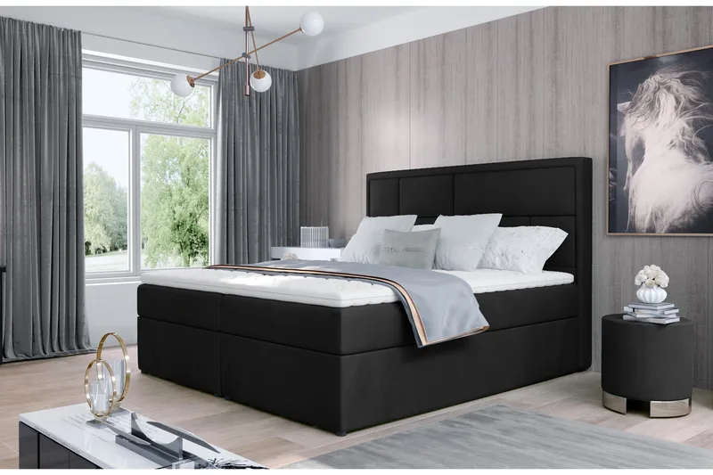 Emeron Sengepakke 140x200 cm i Stof med Sengegavl + Topmadras, Sort