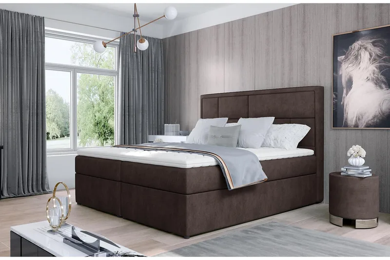 Emeron Sengepakke 180x200 cm i Stof med Sengegavl + Topmadras, Brun