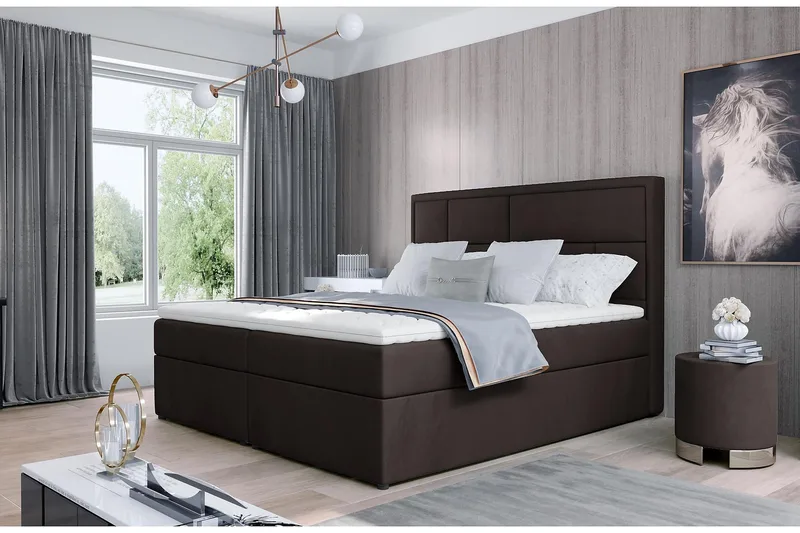 Emeron Sengepakke 180x200 cm i Stof med Sengegavl + Topmadras, Brun