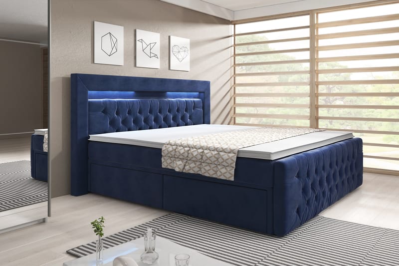 Franco Sengepakke 180x200 med opbevaring - Mørkeblå / velour - Komplet sengepakke - Seng med opbevaring - Dobbeltsenge