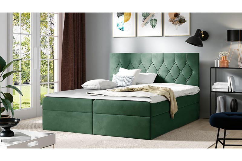 Kontinentalseng 124x208 cm - Grøn - Komplet sengepakke - Seng med opbevaring