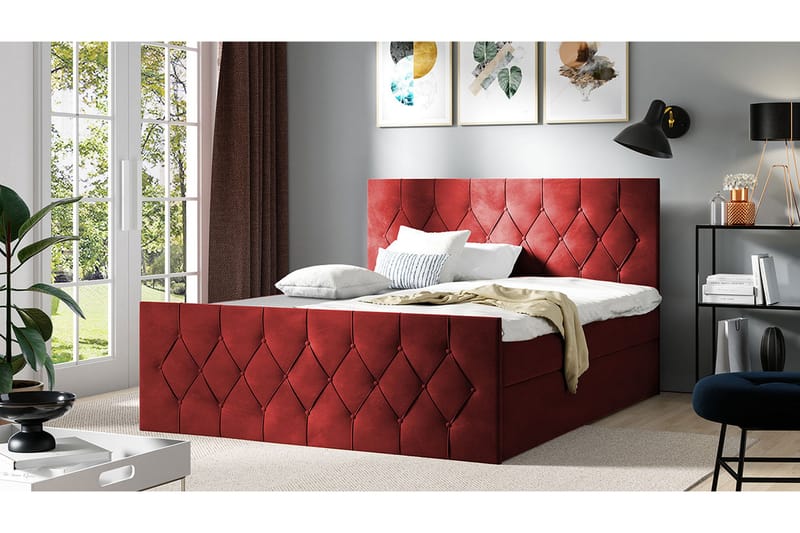 Kontinentalseng 127x216 cm - Rød - Komplet sengepakke - Seng med opbevaring