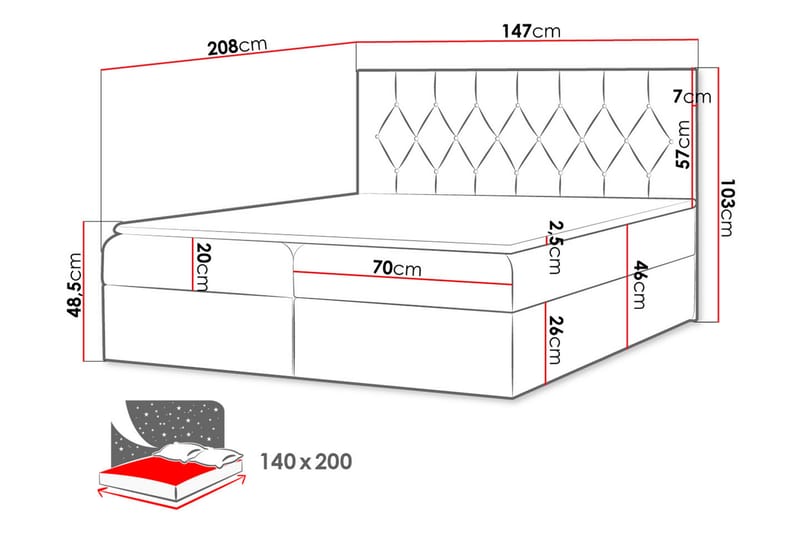 Kontinentalseng 144x208 cm - Rød - Møbler - Senge - Komplet sengepakke