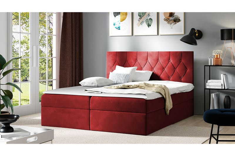 Kontinentalseng 184x208 cm - Rød - Komplet sengepakke - Seng med opbevaring