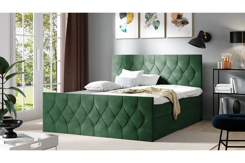 Kontinentalseng 187x216 cm - Grøn - Komplet sengepakke - Seng med opbevaring