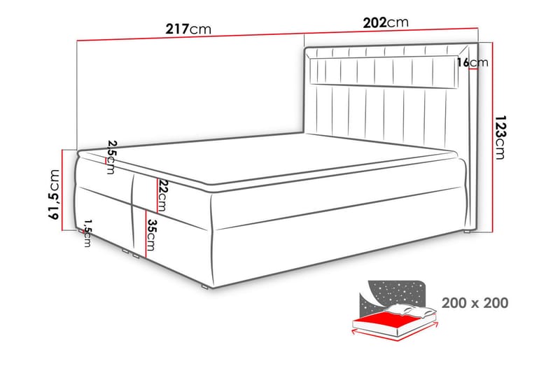 Kontinentalseng 200x200 - Sort - Komplet sengepakke - Seng med opbevaring