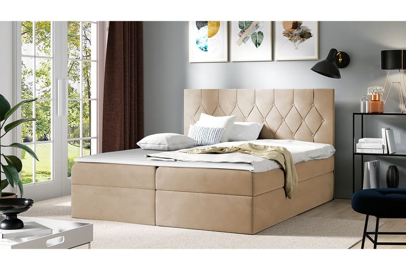 Kontinentalseng 204x208 cm - Beige - Komplet sengepakke - Seng med opbevaring - Familieseng