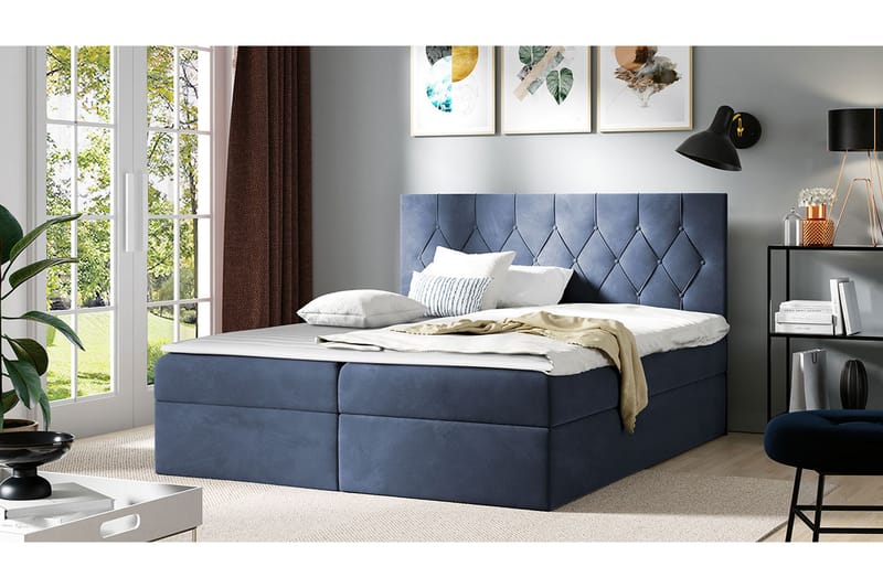 Kontinentalseng 204x208 cm - Blå - Komplet sengepakke - Seng med opbevaring - Familieseng