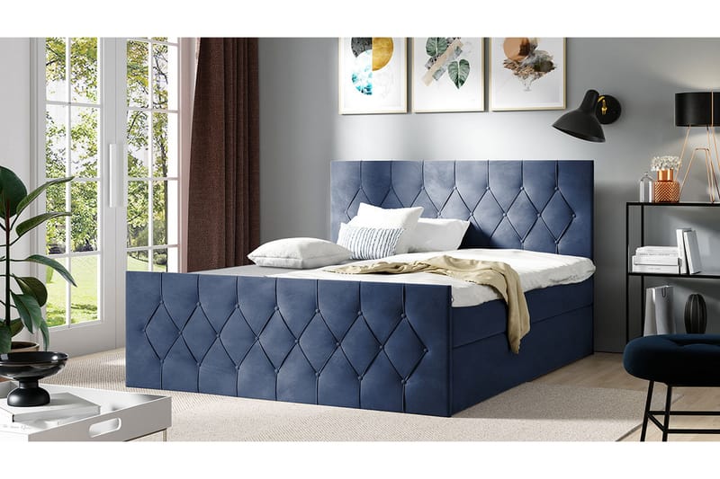 Kontinentalseng 207x216 cm - Blå - Komplet sengepakke - Seng med opbevaring - Familieseng